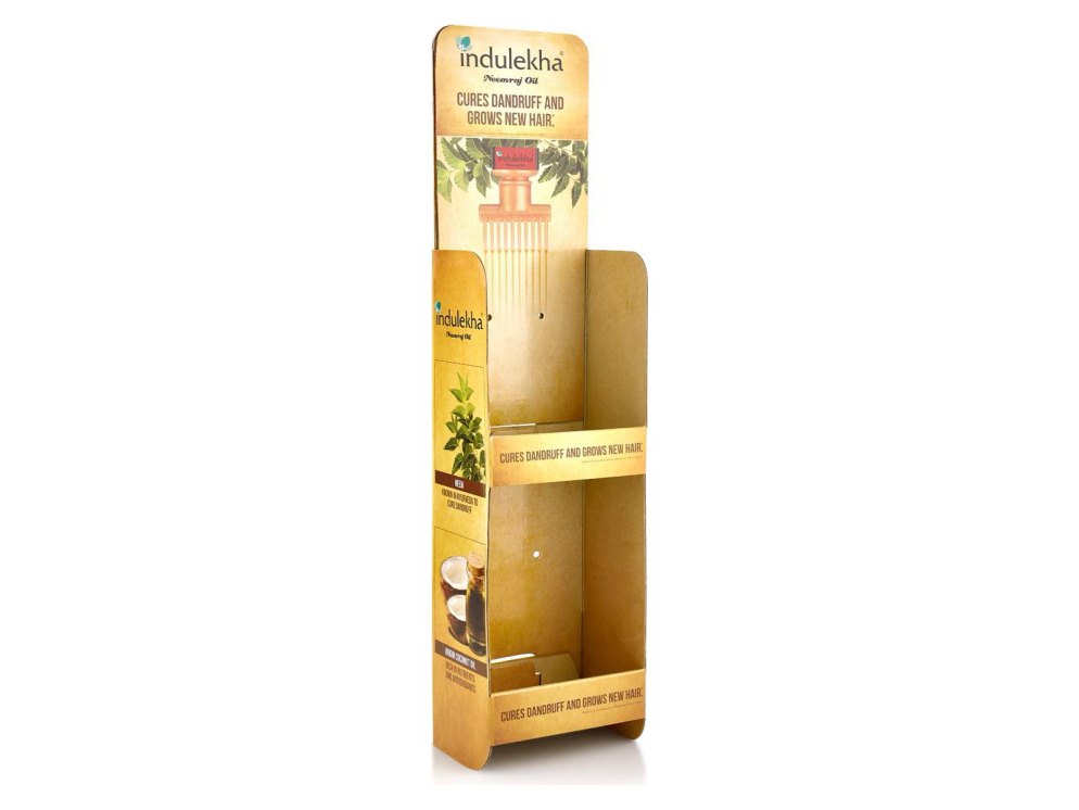 Printed corrugated PDQ floor display stand with stepped shelves